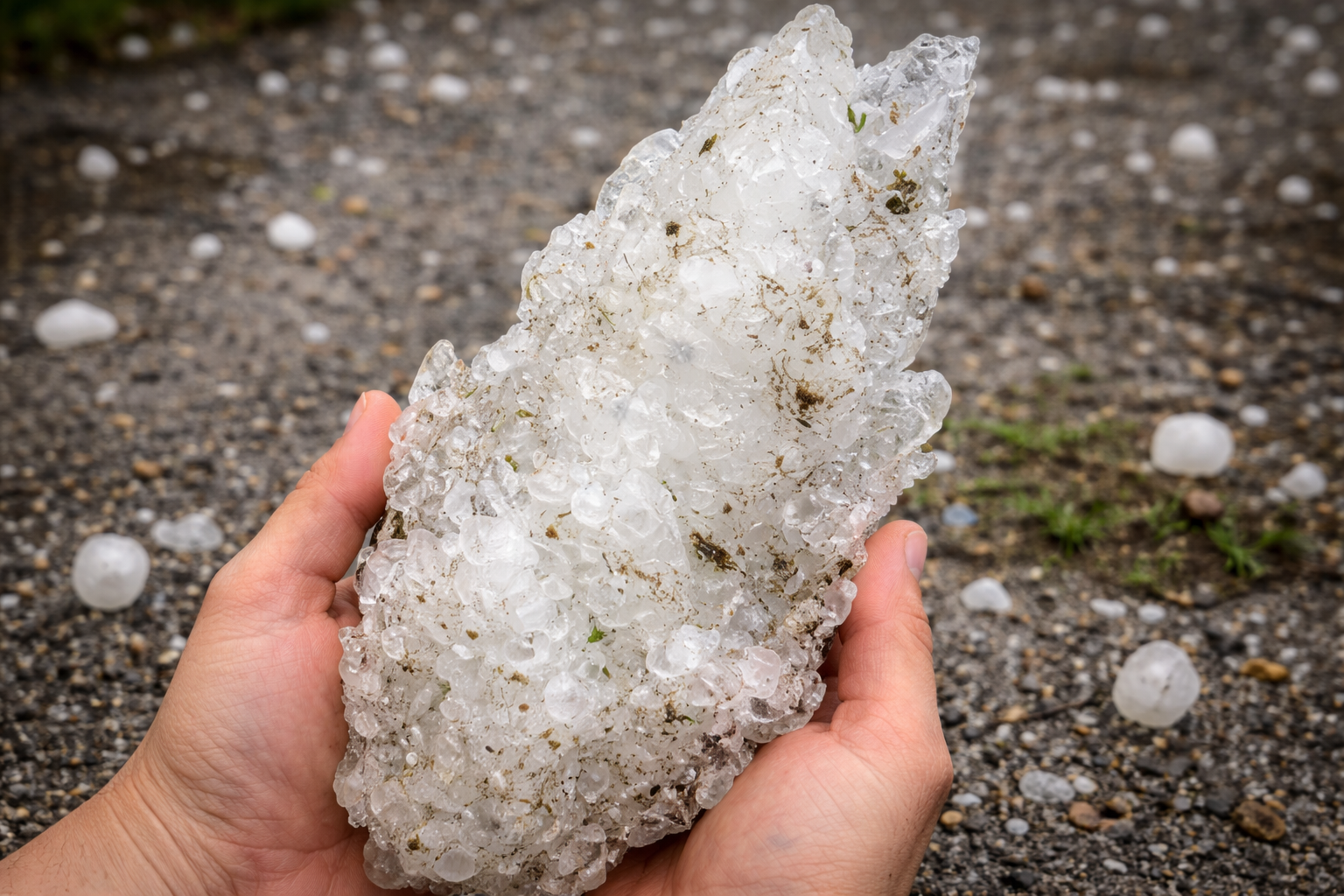 a person holding a large and jagged hailstone